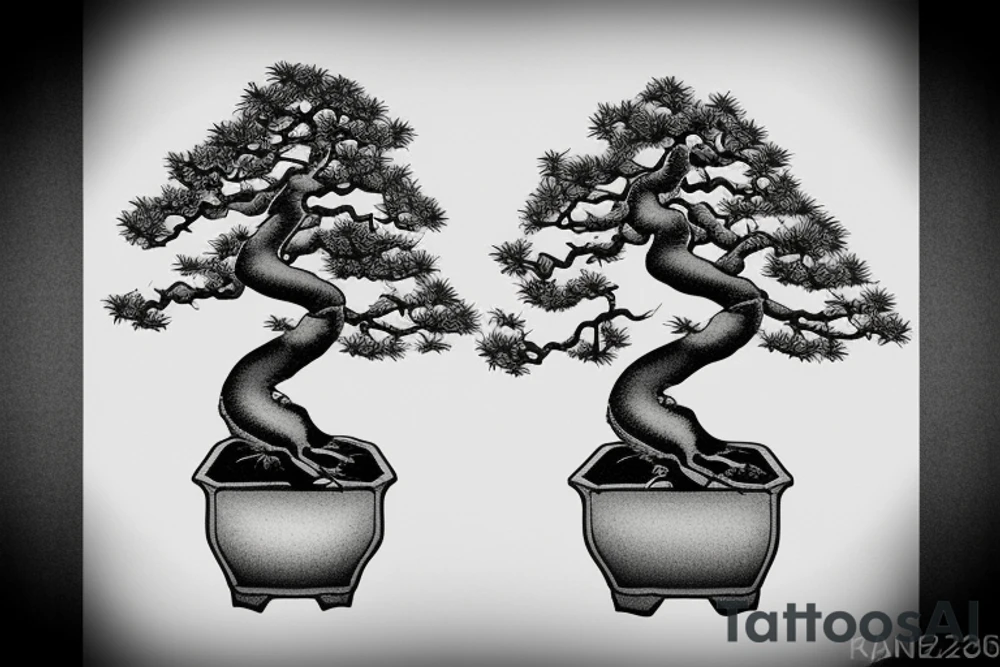 Japanese's bonsai tree with 5 roots. one side of the bonsai is dying tattoo idea