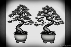 Japanese's bonsai tree with 5 roots. one side of the bonsai is dying tattoo idea