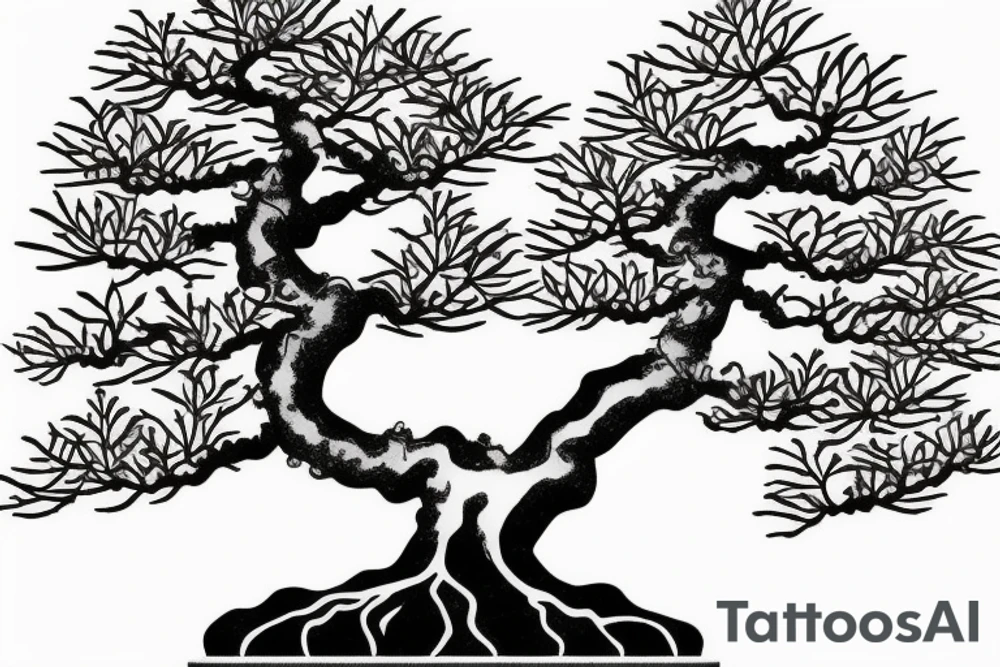 Japanese's bonsai tree with 5 roots. one side of the bonsai is dying tattoo idea