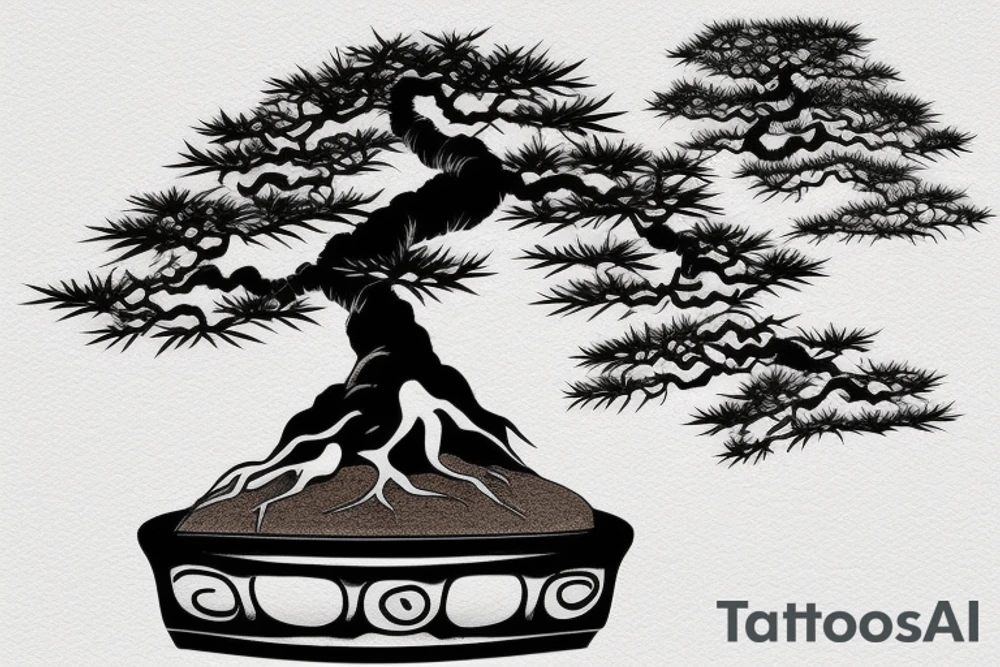 Japanese's bonsai tree with 5 roots. one side of the bonsai is dying tattoo idea