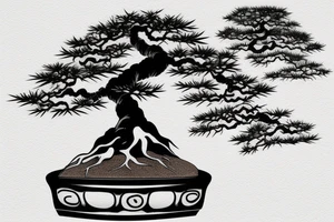 Japanese's bonsai tree with 5 roots. one side of the bonsai is dying tattoo idea
