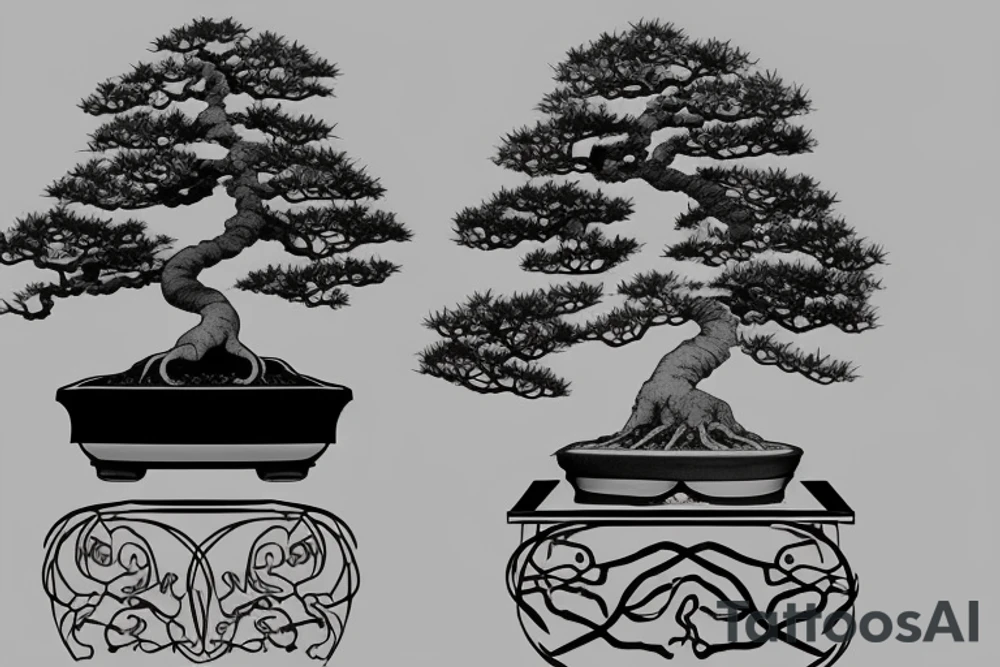 Japanese's bonsai tree with 5 roots. one side of the bonsai is dying tattoo idea