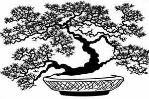 Japanese's bonsai tree with 5 roots. one side of the bonsai is dying tattoo idea