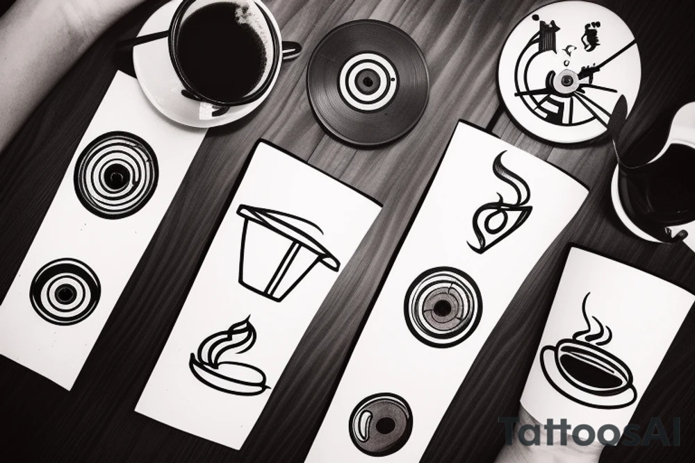 Coffee cup, wood, and record player tattoo idea
