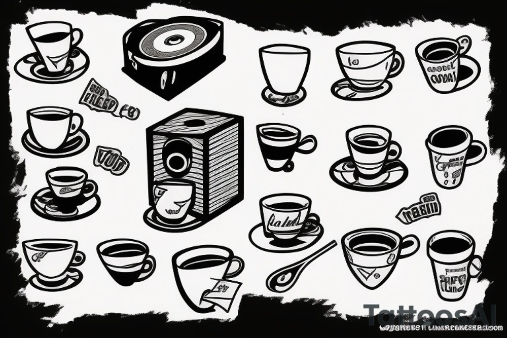 Coffee cup, wood, and record player tattoo idea