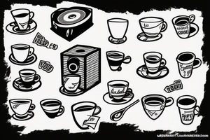 Coffee cup, wood, and record player tattoo idea