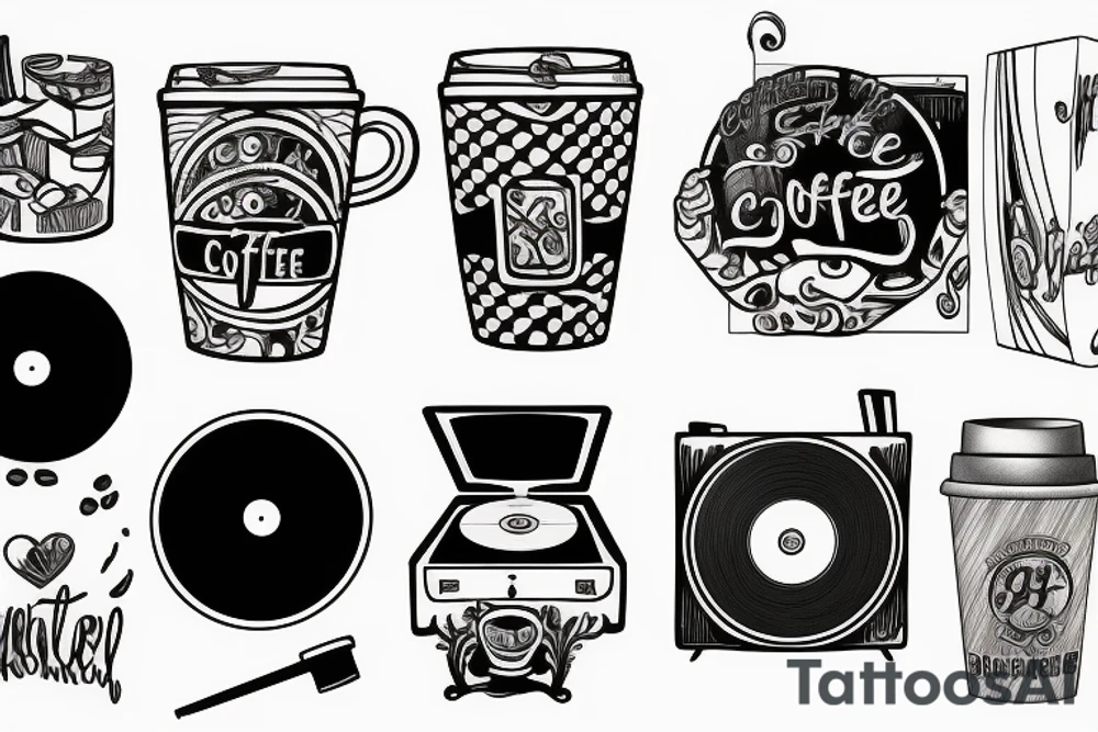 Coffee cup, wood, and record player tattoo idea Coffee cup, wood, and record player tattoo idea