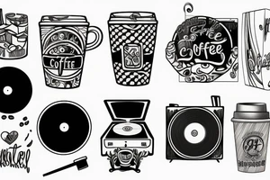 Coffee cup, wood, and record player tattoo idea