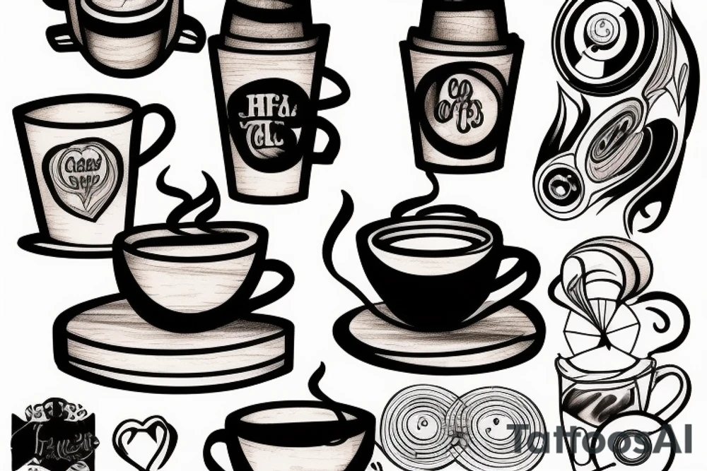 Coffee cup, wood, and record player tattoo idea