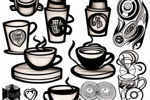 Coffee cup, wood, and record player tattoo idea
