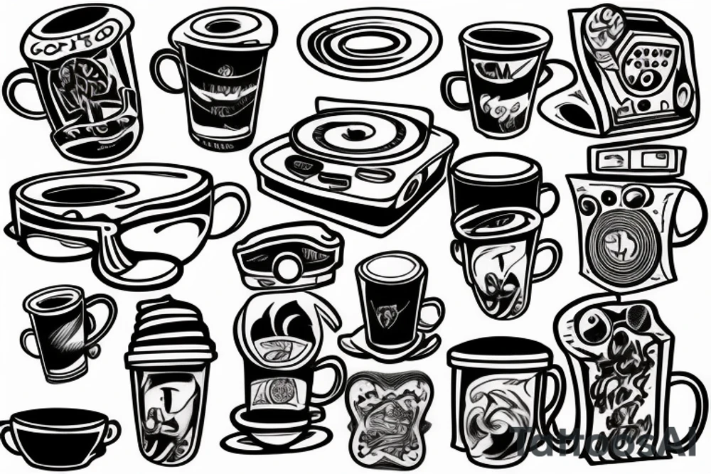 Coffee cup, wood, and record player tattoo idea