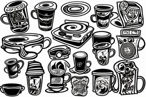 Coffee cup, wood, and record player tattoo idea