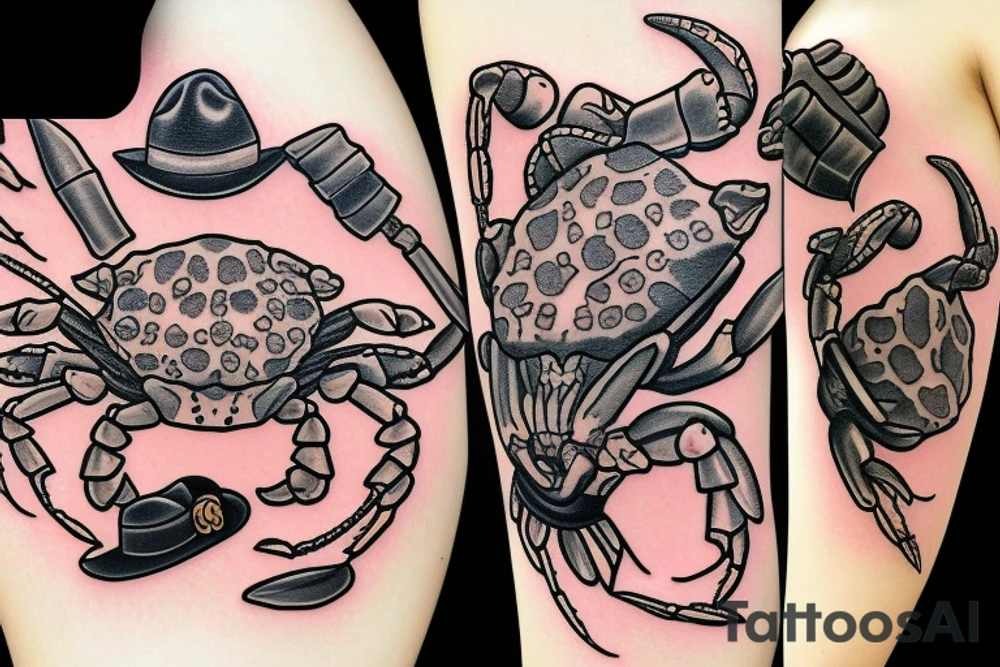 Crab with a gun and a cowboy hat tattoo idea