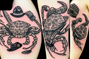 Crab with a gun and a cowboy hat tattoo idea