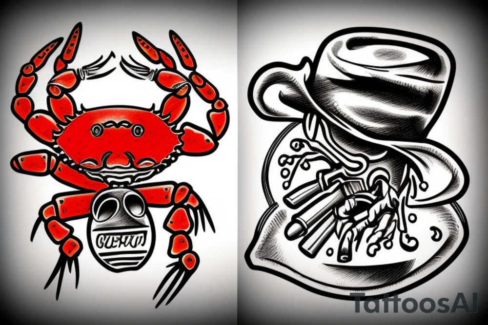 Crab with a gun and a cowboy hat tattoo idea