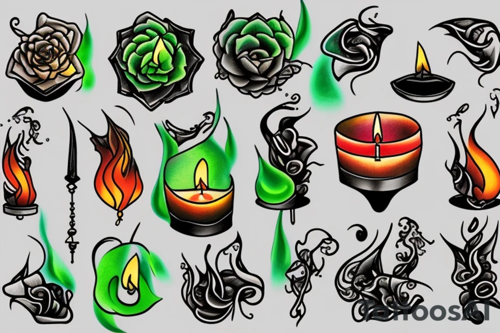 Candle floating on water with long green flame tattoo idea