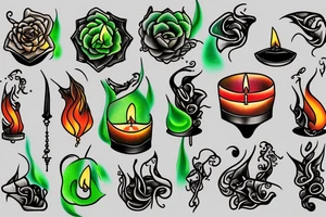 Candle floating on water with long green flame tattoo idea