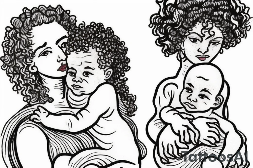 Mother with curly hair, with four year old boy and baby in her arms. Snowdrop flower tattoo idea