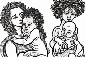 Mother with curly hair, with four year old boy and baby in her arms. Snowdrop flower tattoo idea