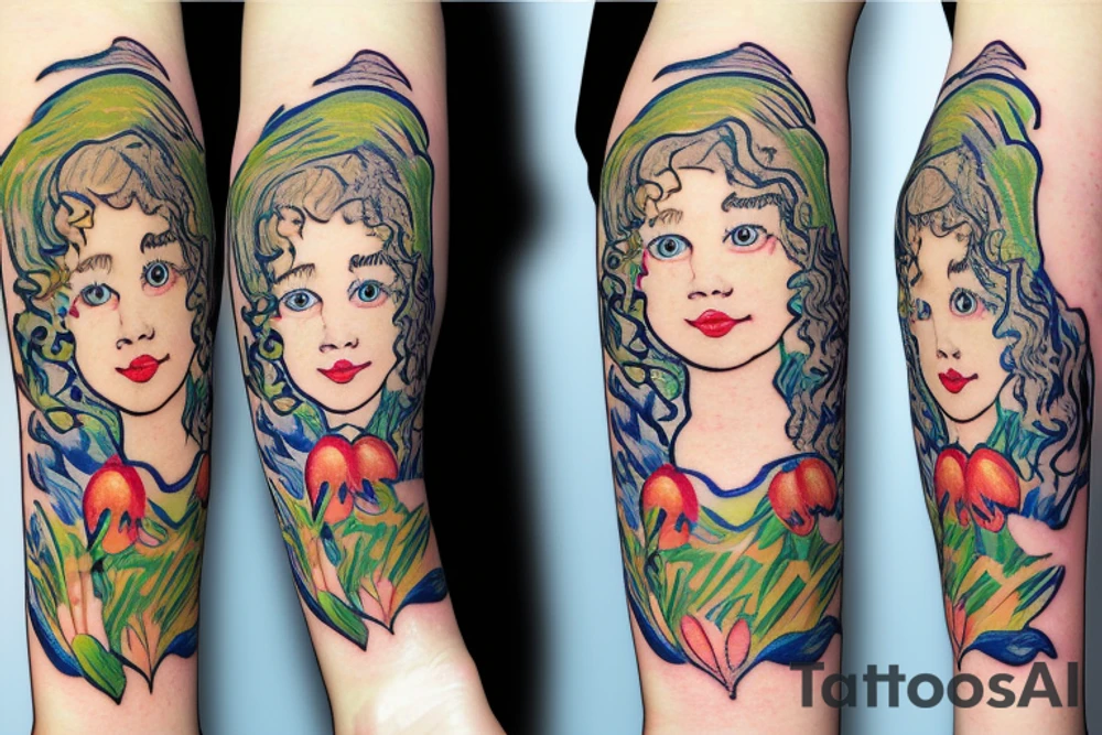 Mother with curly hair, with four year old boy and baby in her arms. Snowdrop flower tattoo idea