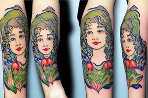 Mother with curly hair, with four year old boy and baby in her arms. Snowdrop flower tattoo idea