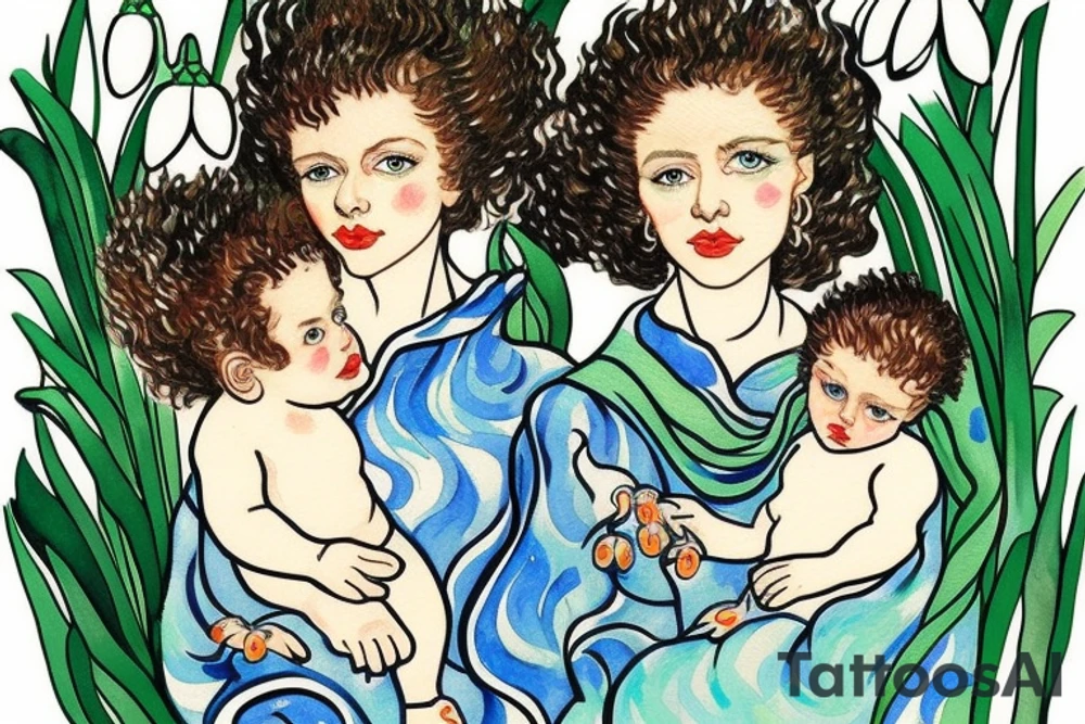 Mother with curly hair, with four year old boy and baby in her arms. Snowdrop flower tattoo idea