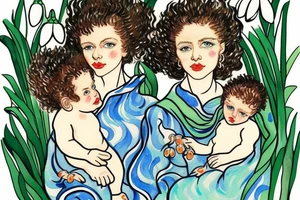 Mother with curly hair, with four year old boy and baby in her arms. Snowdrop flower tattoo idea