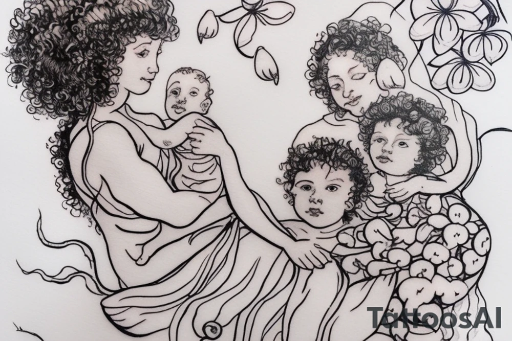 Mother with curly hair, with four year old boy and baby in her arms. Snowdrop flower tattoo idea