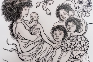 Mother with curly hair, with four year old boy and baby in her arms. Snowdrop flower tattoo idea