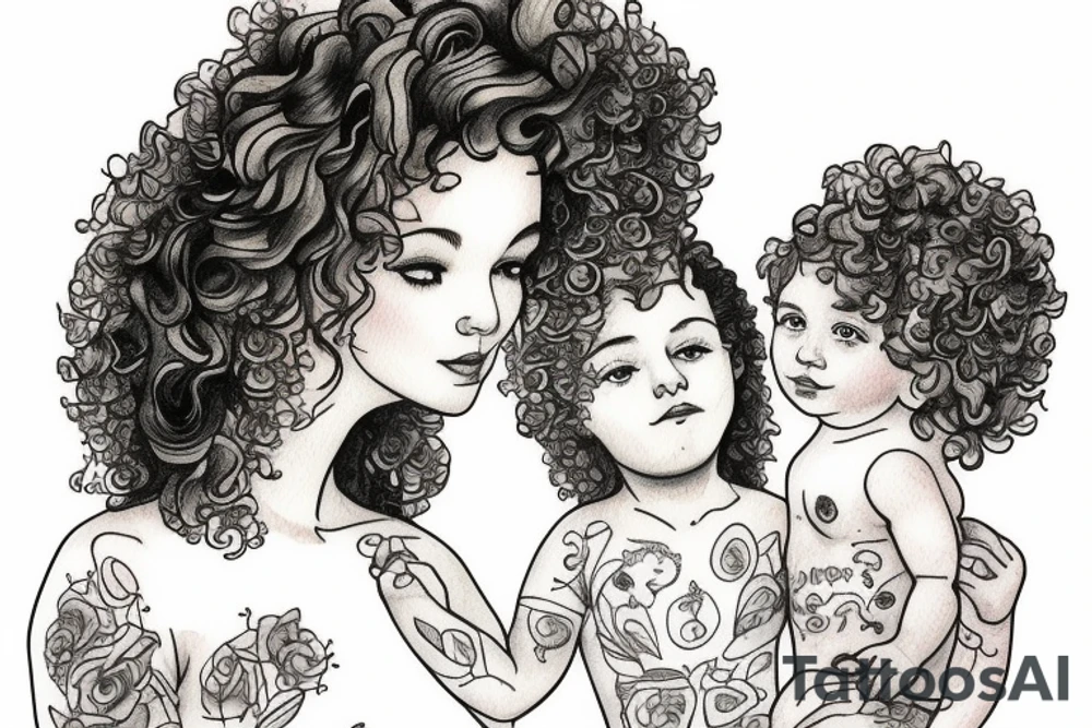 Mother with curly hair, with four year old boy and baby in her arms. Snowdrop flower tattoo idea