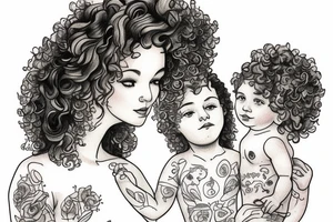 Mother with curly hair, with four year old boy and baby in her arms. Snowdrop flower tattoo idea