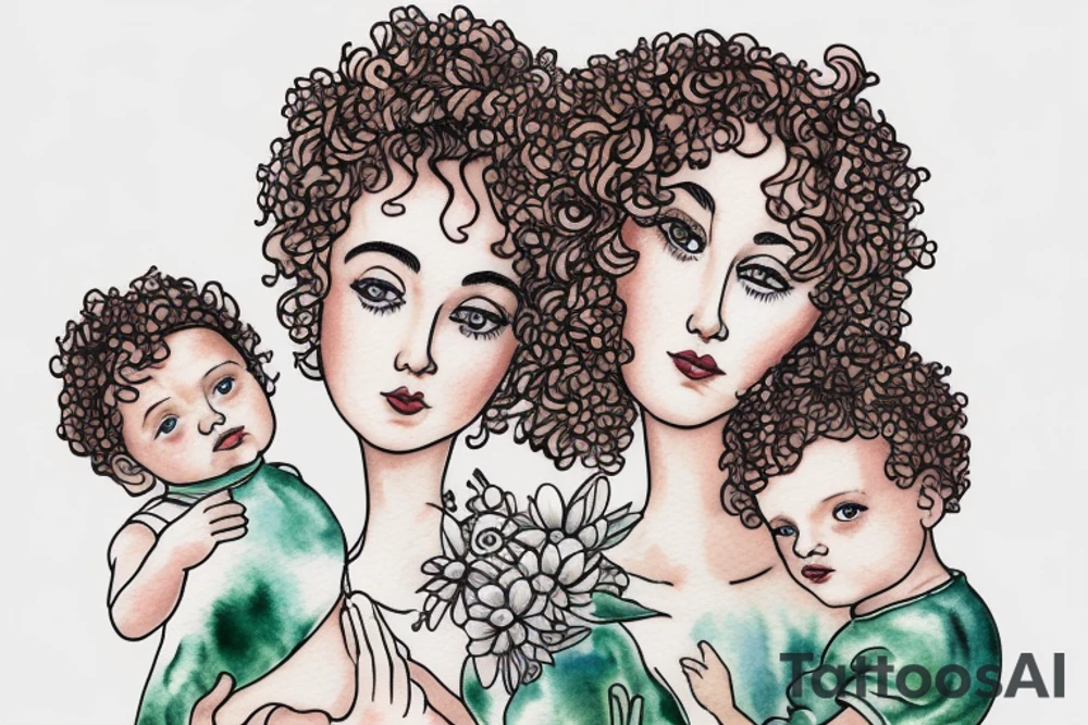 Mother with curly hair, with four year old boy and baby in her arms. Snowdrop flower tattoo idea