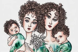 Mother with curly hair, with four year old boy and baby in her arms. Snowdrop flower tattoo idea