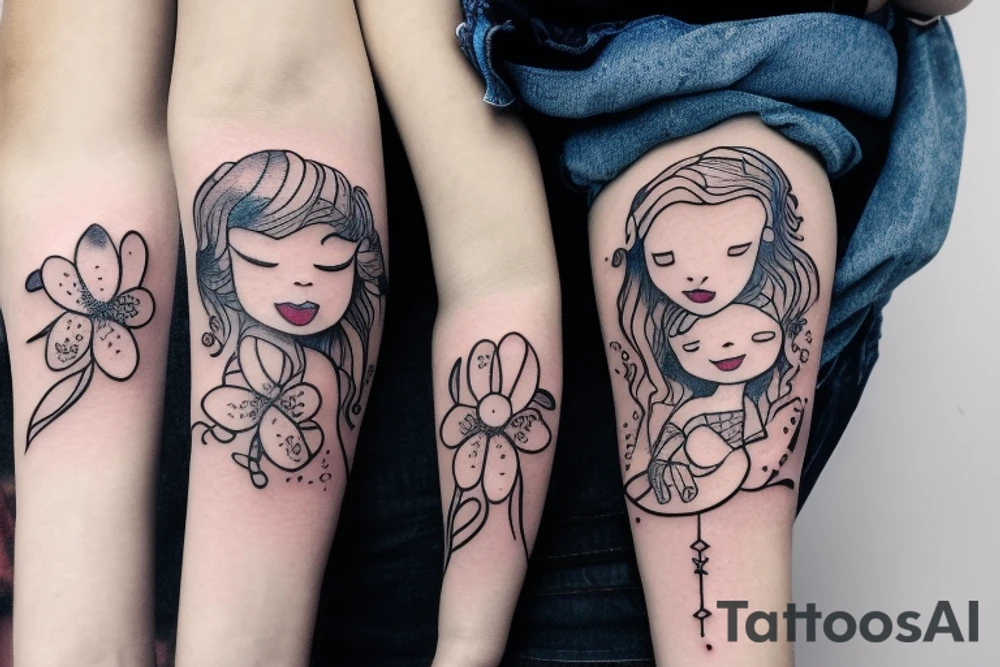 Mother with curly hair, with four year old boy and baby in her arms. Snowdrop flower tattoo idea