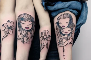 Mother with curly hair, with four year old boy and baby in her arms. Snowdrop flower tattoo idea