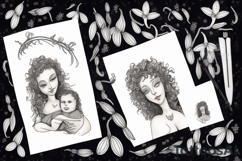 Mother with curly hair, with four year old boy and baby in her arms. Snowdrop flower tattoo idea