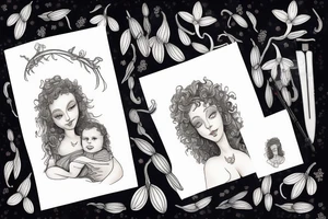 Mother with curly hair, with four year old boy and baby in her arms. Snowdrop flower tattoo idea