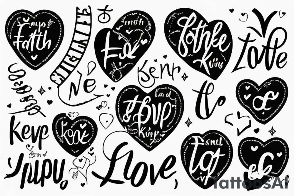 Heart, text "smile", "faith", "love", "keep going" tattoo idea