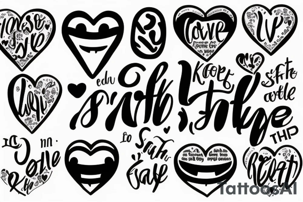 Heart, text "smile", "faith", "love", "keep going" tattoo idea