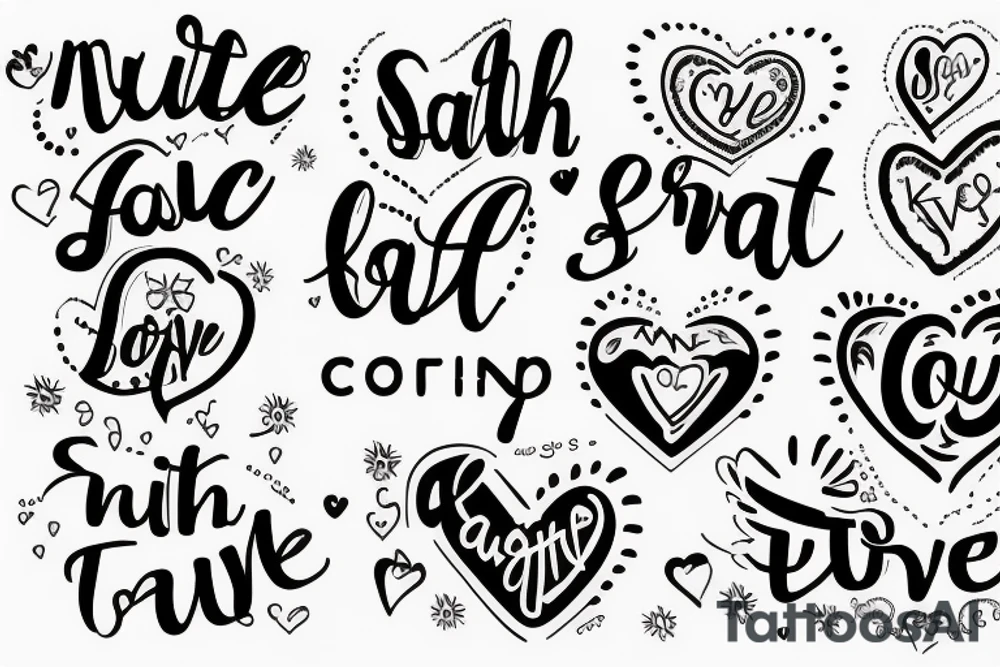 Heart, text "smile", "faith", "love", "keep going" tattoo idea