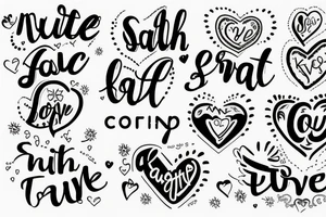 Heart, text "smile", "faith", "love", "keep going" tattoo idea