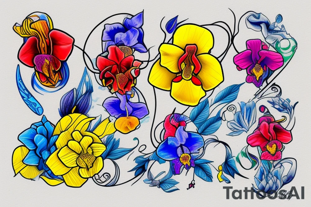 yellow, blue, and red orchid tattoo idea