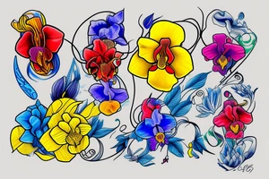 yellow, blue, and red orchid tattoo idea
