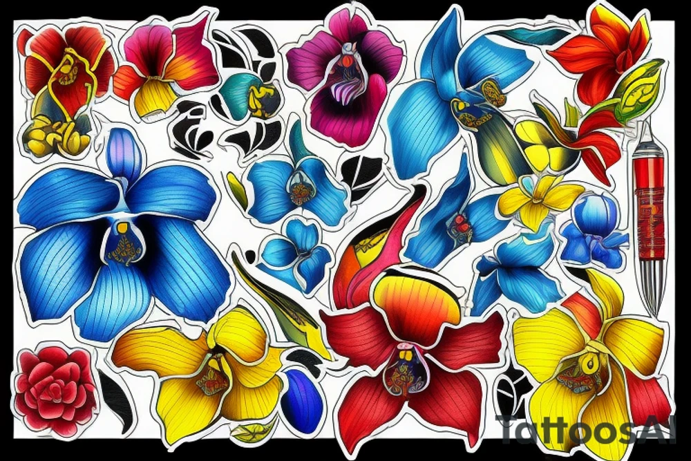 yellow, blue, and red orchid tattoo idea
