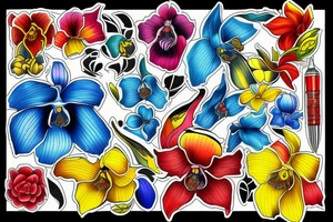 yellow, blue, and red orchid tattoo idea