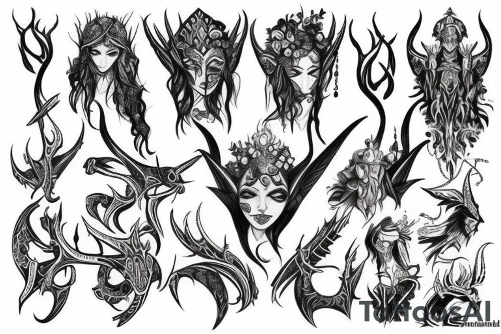 Elven tribal with demon writing tattoo idea
