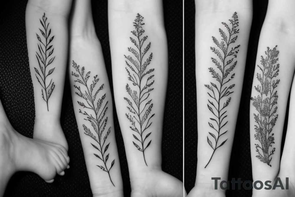 delicate fineline botanical tattoo of leaves branch with thyme flowers tattoo idea