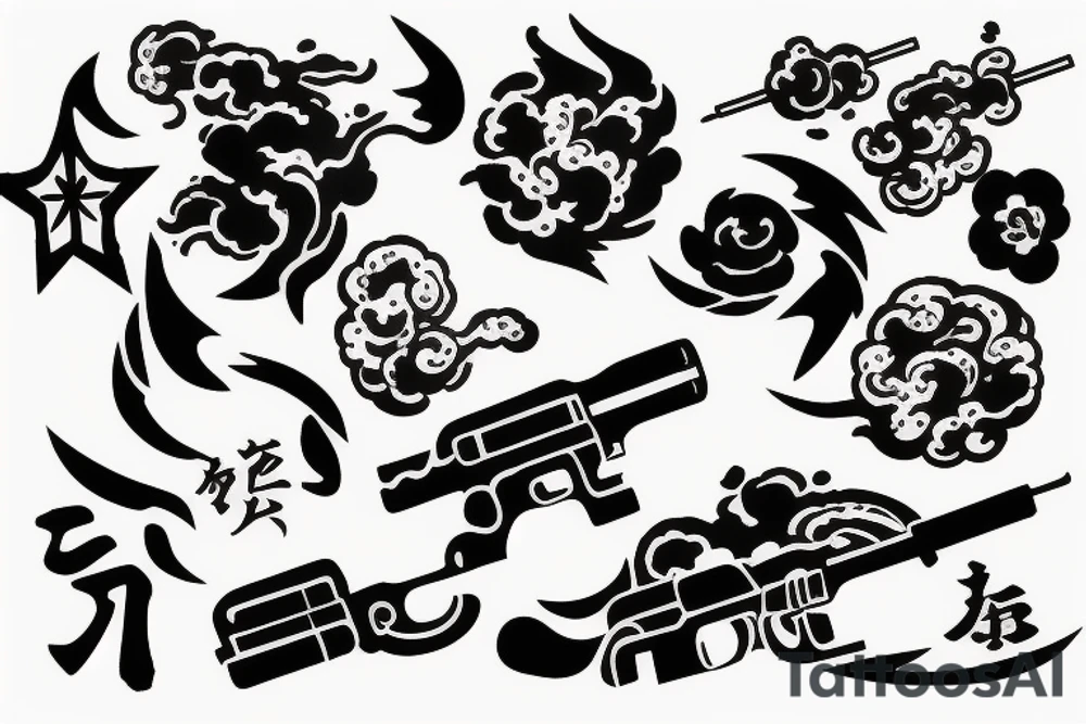 Japanese themed gun with fire tattoo idea