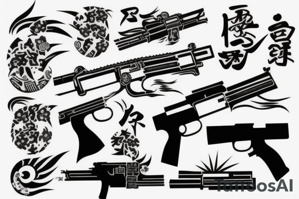 Japanese themed gun with fire tattoo idea
