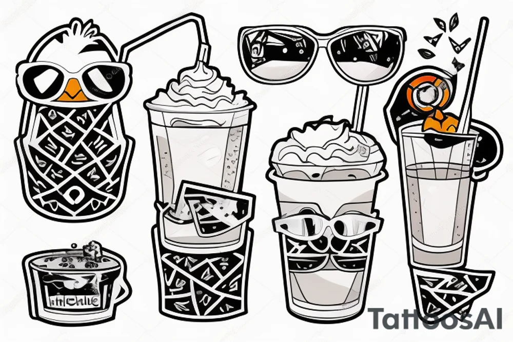 penguin with sunglasses drinking a milkshake tattoo idea